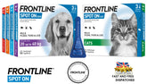 FRONTLINE SPOT ON Flea & Tick Treatment for Cat, Small (2-10kg), Medium Dog (10-20kg) and Large Dog (20-40kg) 1, 3, 6 Pipette Packs