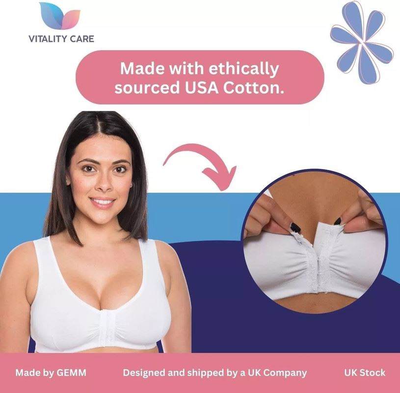Vitality Care Mastectomy Bra Front Fastening Bra with Pockets Cotton Rich Wirefree Post Surgery Non Wired Soft Stretch for Ladies Women Regular to Plus Sizes Easy Open Comfort