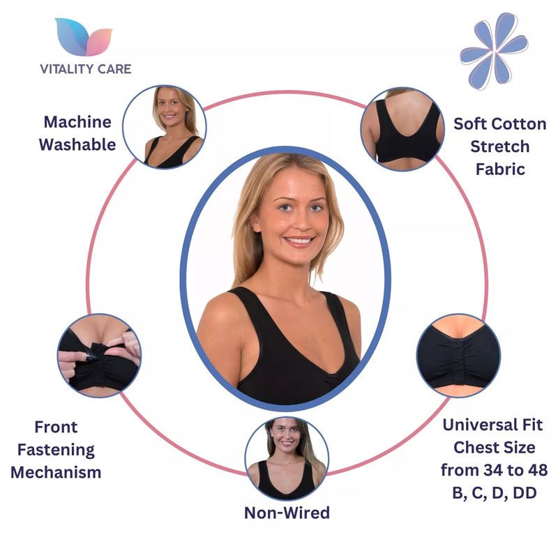 Ladies Front Fastening Bra Self Fastener Non Wired Plus Size Cotton VitalityCare