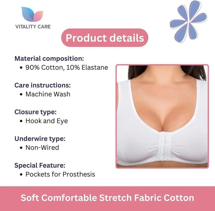 Vitality Care Mastectomy Bra Front Fastening Bra with Pockets Cotton Rich Wirefree Post Surgery Non Wired Soft Stretch for Ladies Women Regular to Plus Sizes Easy Open Comfort
