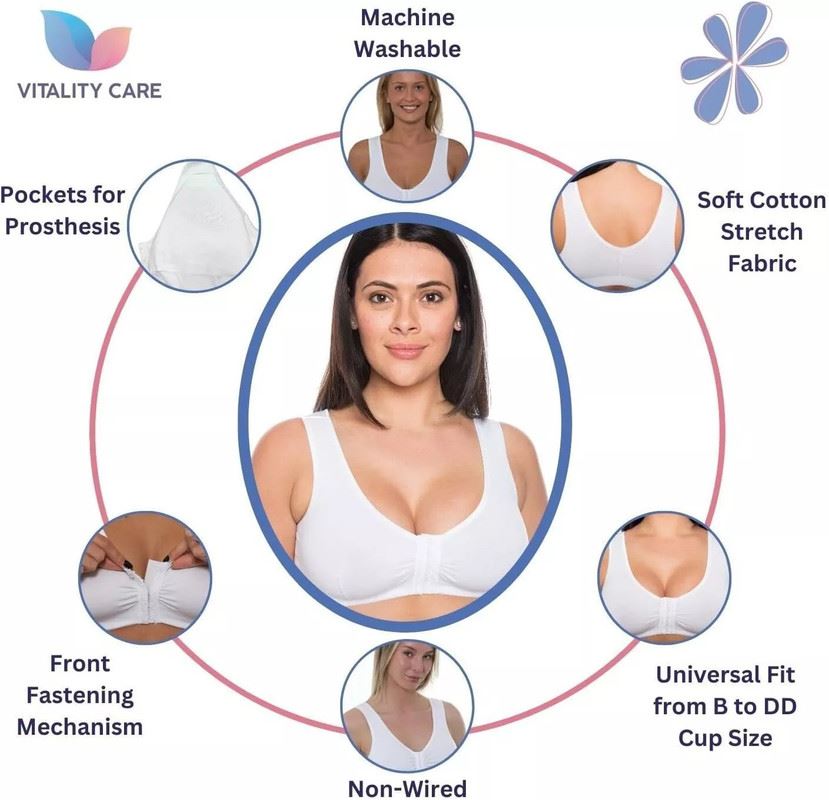 Vitality Care Mastectomy Bra Front Fastening Bra with Pockets Cotton Rich Wirefree Post Surgery Non Wired Soft Stretch for Ladies Women Regular to Plus Sizes Easy Open Comfort