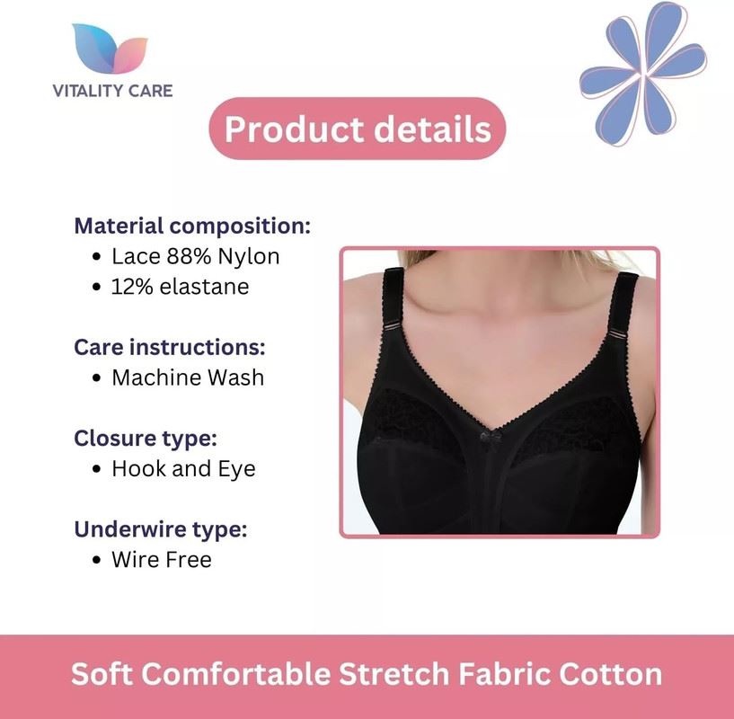 Ladies Full Cup Bra Non Wire Full Firm Support Lace Trim Plus Size Vitality Care