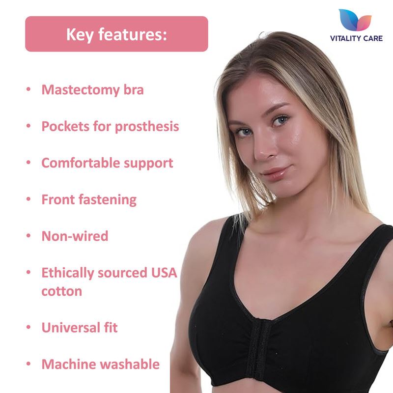 Vitality Care Mastectomy Bra Front Fastening Bra with Pockets Cotton Rich Wirefree Post Surgery Non Wired Soft Stretch for Ladies Women Regular to Plus Sizes Easy Open Comfort