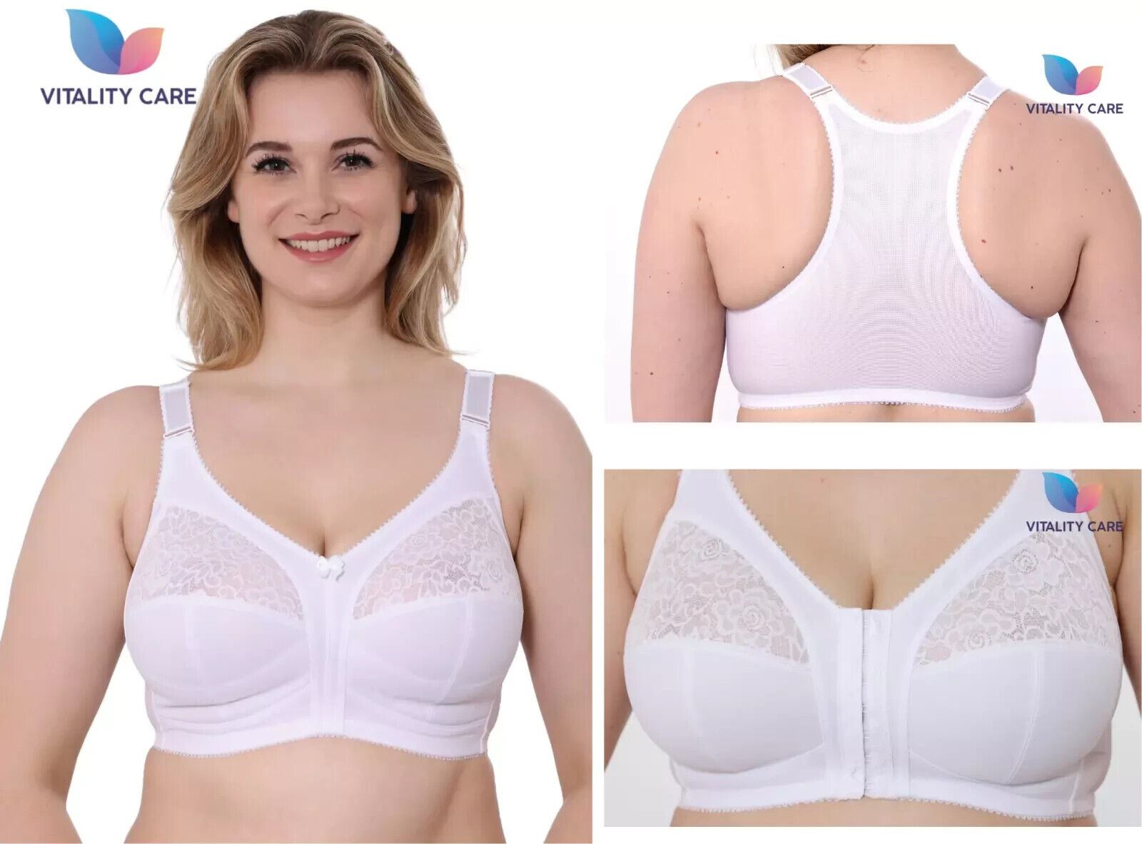 Ladies Front Fastening Firm Support Non Wired Lace Trim Bra Plus Size Uk Cups