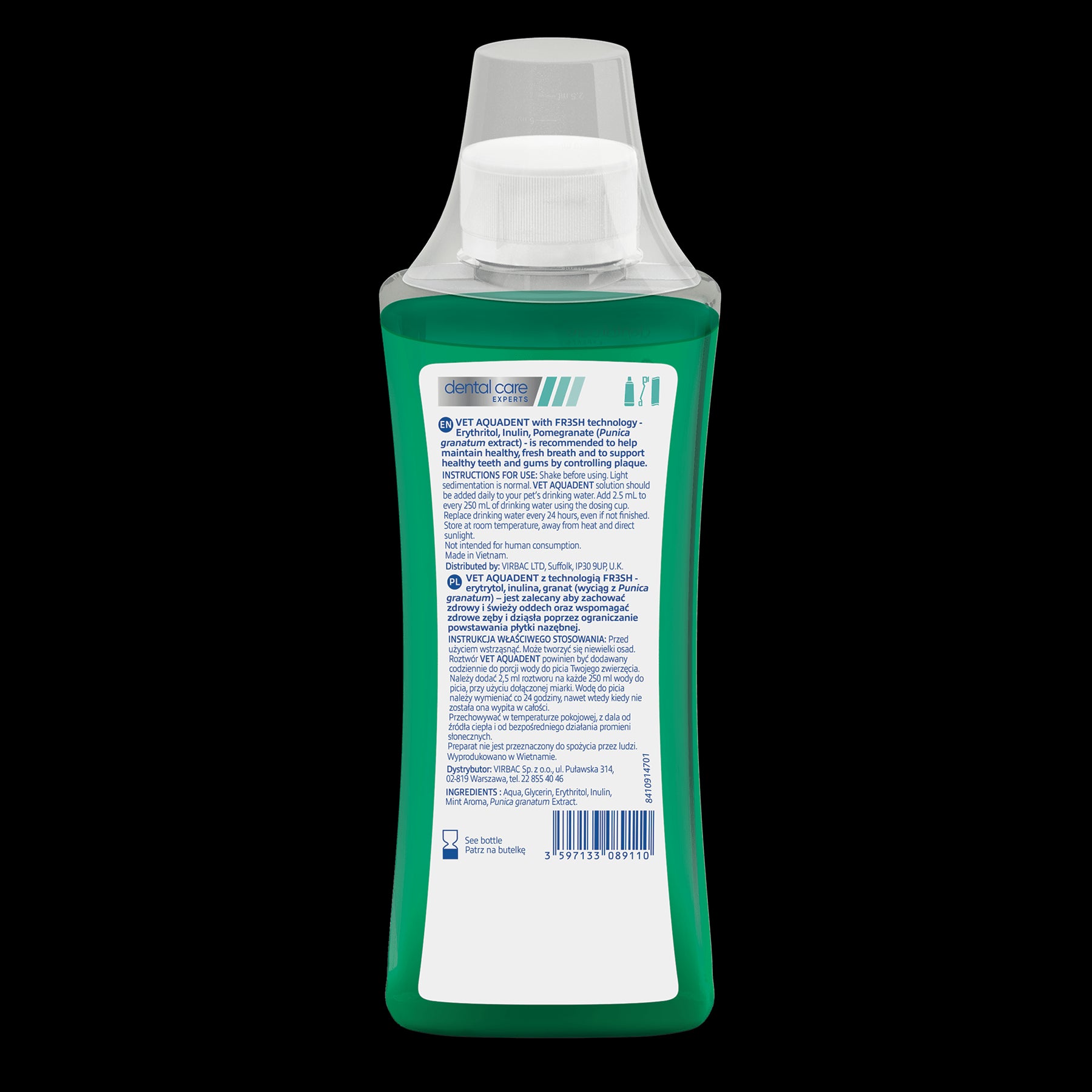 Virbac Vet Aquadent Anti-Plaque Solution for Cat and Dog, Pet Dental Care Solution