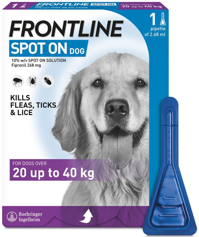 FRONTLINE SPOT ON Flea & Tick Treatment for Cat, Small (2-10kg), Medium Dog (10-20kg) and Large Dog (20-40kg) 1, 3, 6 Pipette Packs