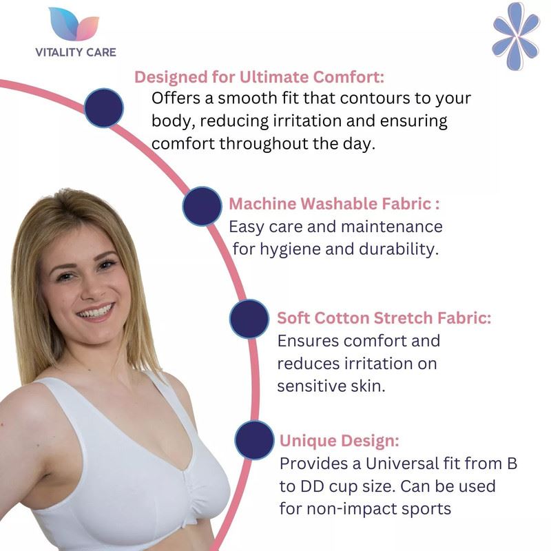 Ladies Front Fastening Bra Self Fastener Non Wired Plus Size Cotton VitalityCare