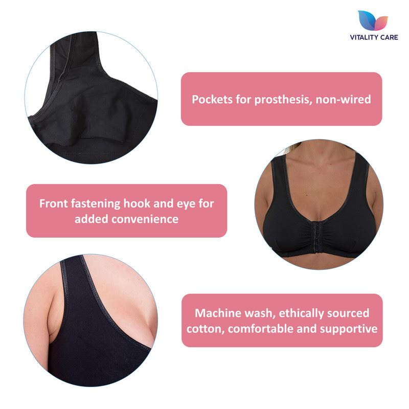 Vitality Care Mastectomy Bra Front Fastening Bra with Pockets Cotton Rich Wirefree Post Surgery Non Wired Soft Stretch for Ladies Women Regular to Plus Sizes Easy Open Comfort