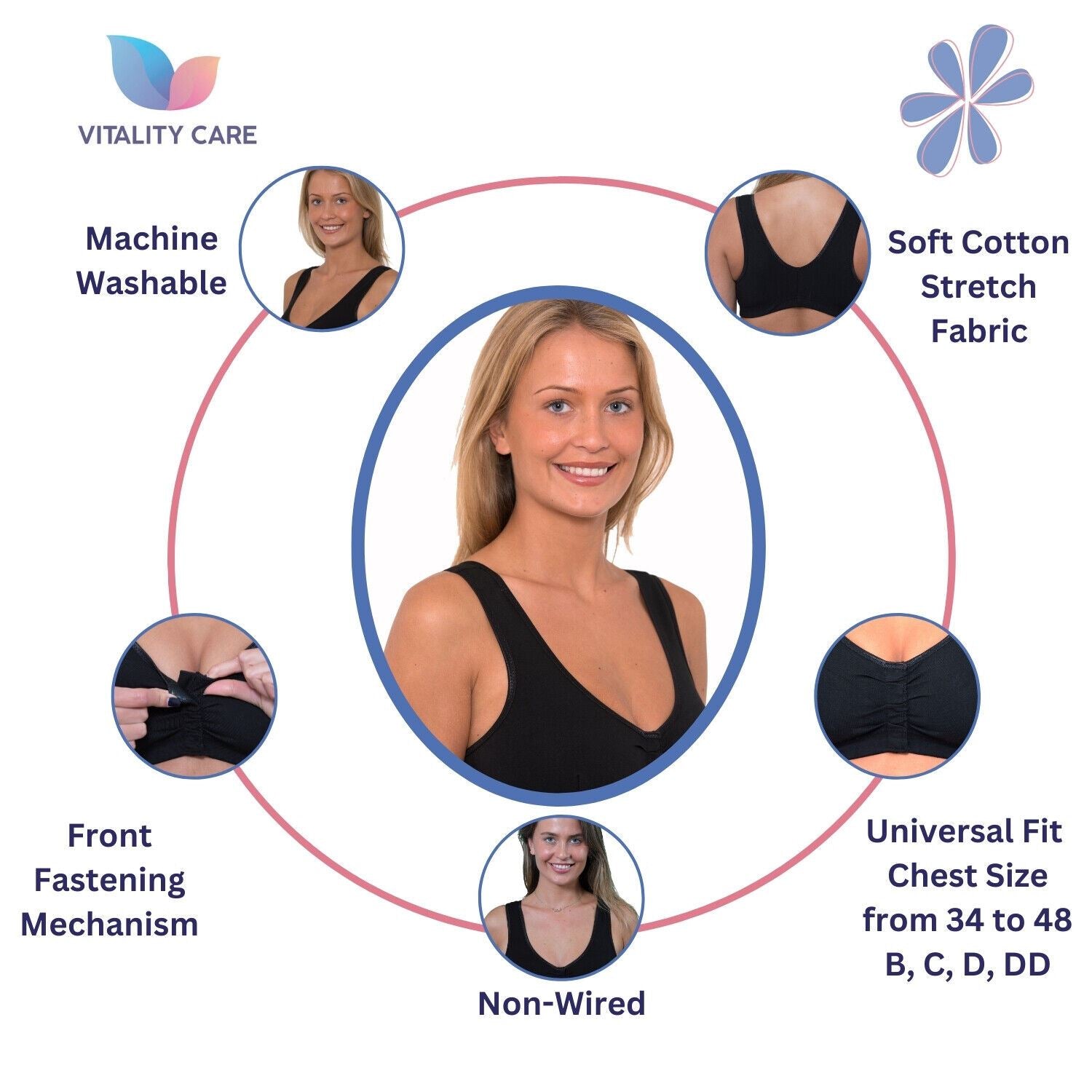 Ladies Front Fastening Bra Self Fastener Non Wired Plus Size Cotton VitalityCare