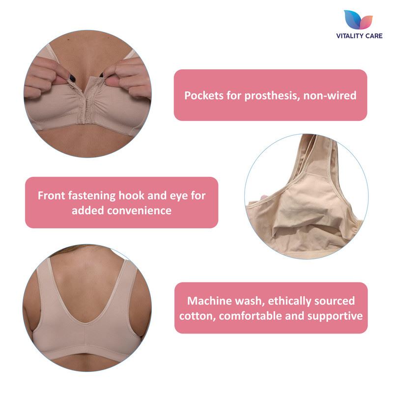 Vitality Care Mastectomy Bra Front Fastening Bra with Pockets Cotton Rich Wirefree Post Surgery Non Wired Soft Stretch for Ladies Women Regular to Plus Sizes Easy Open Comfort