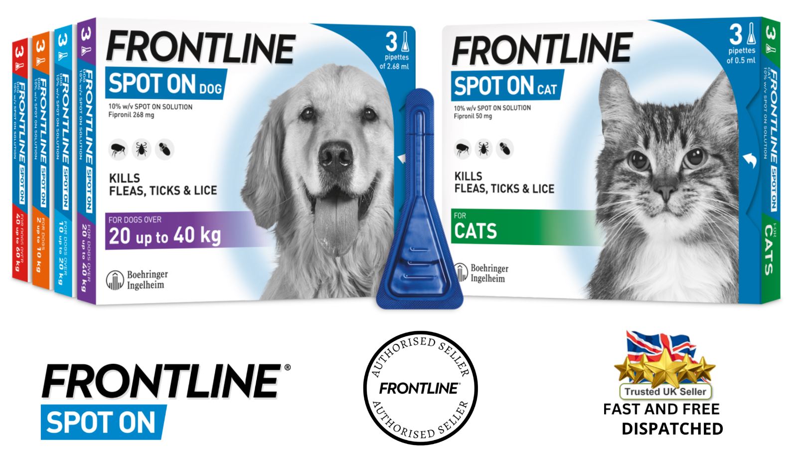 FRONTLINE SPOT ON Flea & Tick Treatment for Cat, Small (2-10kg), Medium Dog (10-20kg) and Large Dog (20-40kg) 1, 3, 6 Pipette Packs