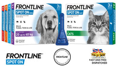 FRONTLINE SPOT ON Flea & Tick Treatment for Cat, Small (2-10kg), Medium Dog (10-20kg) and Large Dog (20-40kg) 1, 3, 6 Pipette Packs