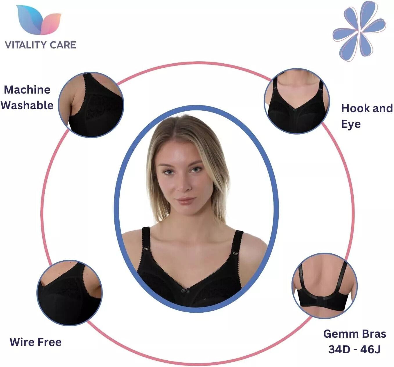 Ladies Full Cup Bra Non Wire Full Firm Support Lace Trim Plus Size Vitality Care