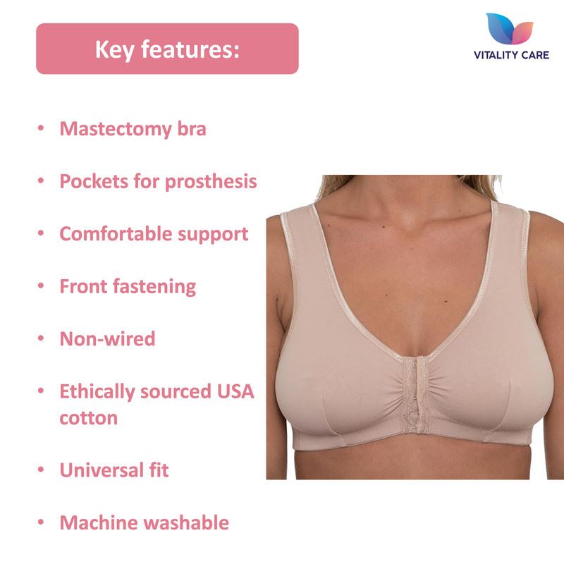 Vitality Care Mastectomy Bra Front Fastening Bra with Pockets Cotton Rich Wirefree Post Surgery Non Wired Soft Stretch for Ladies Women Regular to Plus Sizes Easy Open Comfort
