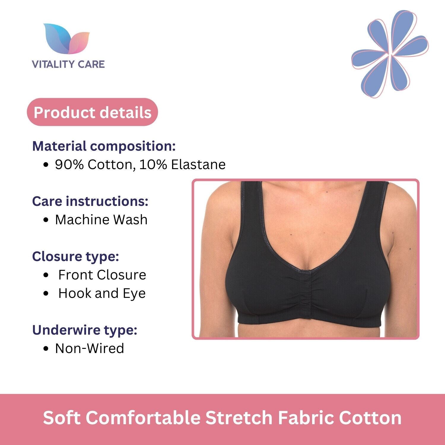 Ladies Front Fastening Bra Self Fastener Non Wired Plus Size Cotton VitalityCare
