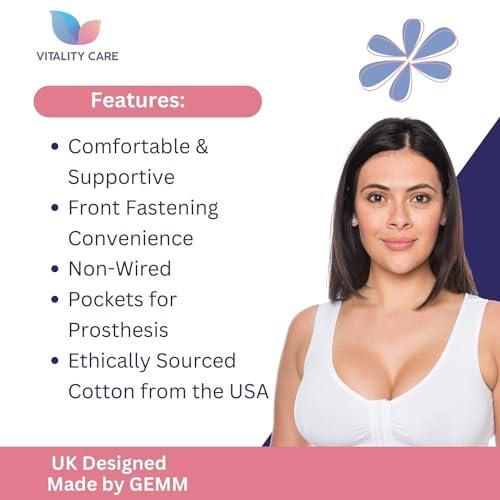 Vitality Care Mastectomy Bra Front Fastening Bra with Pockets Cotton Rich Wirefree Post Surgery Non Wired Soft Stretch for Ladies Women Regular to Plus Sizes Easy Open Comfort