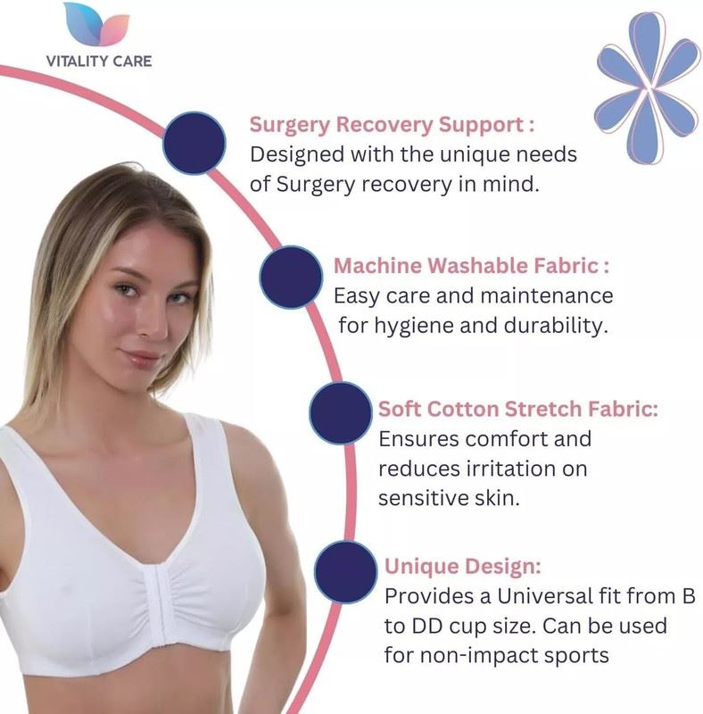 Vitality Care Mastectomy Bra Front Fastening Bra with Pockets Cotton Rich Wirefree Post Surgery Non Wired Soft Stretch for Ladies Women Regular to Plus Sizes Easy Open Comfort