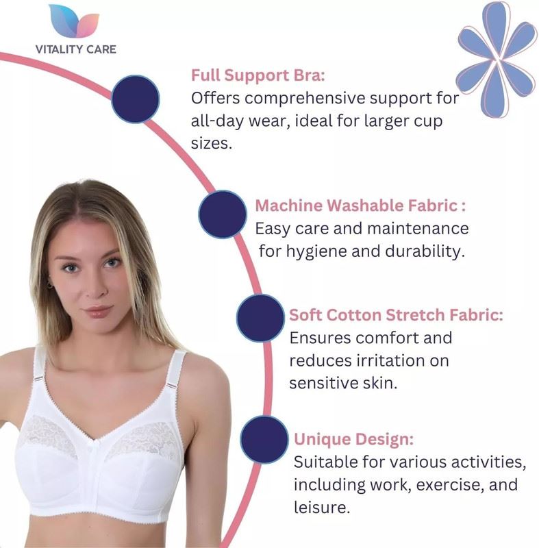 Ladies Full Cup Bra Non Wire Full Firm Support Lace Trim Plus Size Vitality Care
