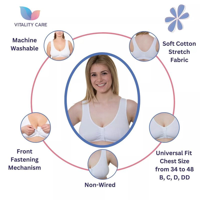 Ladies Front Fastening Bra Self Fastener Non Wired Plus Size Cotton VitalityCare