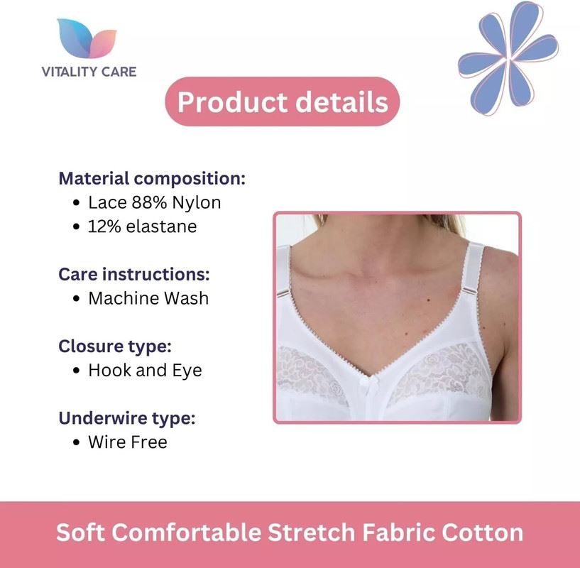 Ladies Full Cup Bra Non Wire Full Firm Support Lace Trim Plus Size Vitality Care