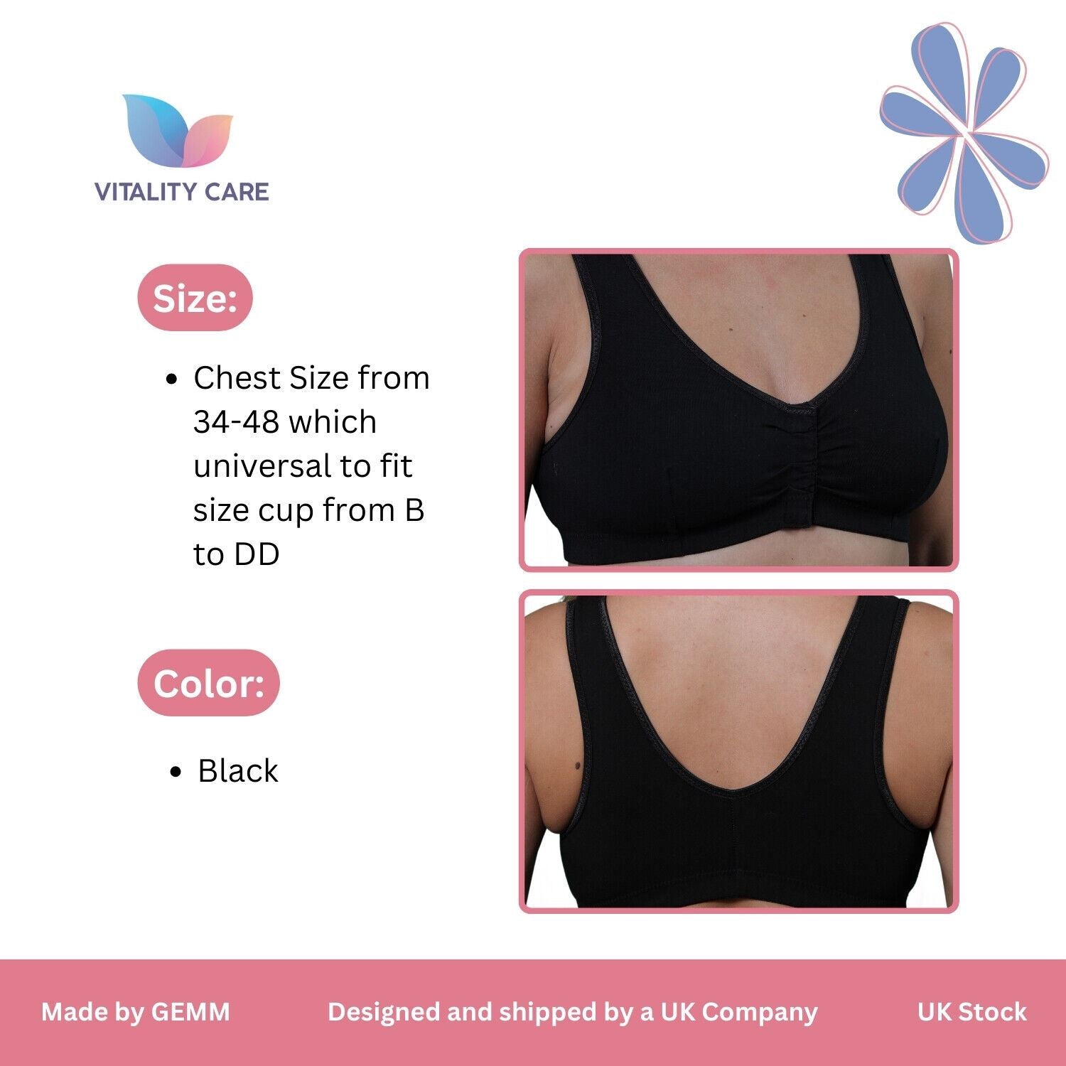 Ladies Front Fastening Bra Self Fastener Non Wired Plus Size Cotton VitalityCare