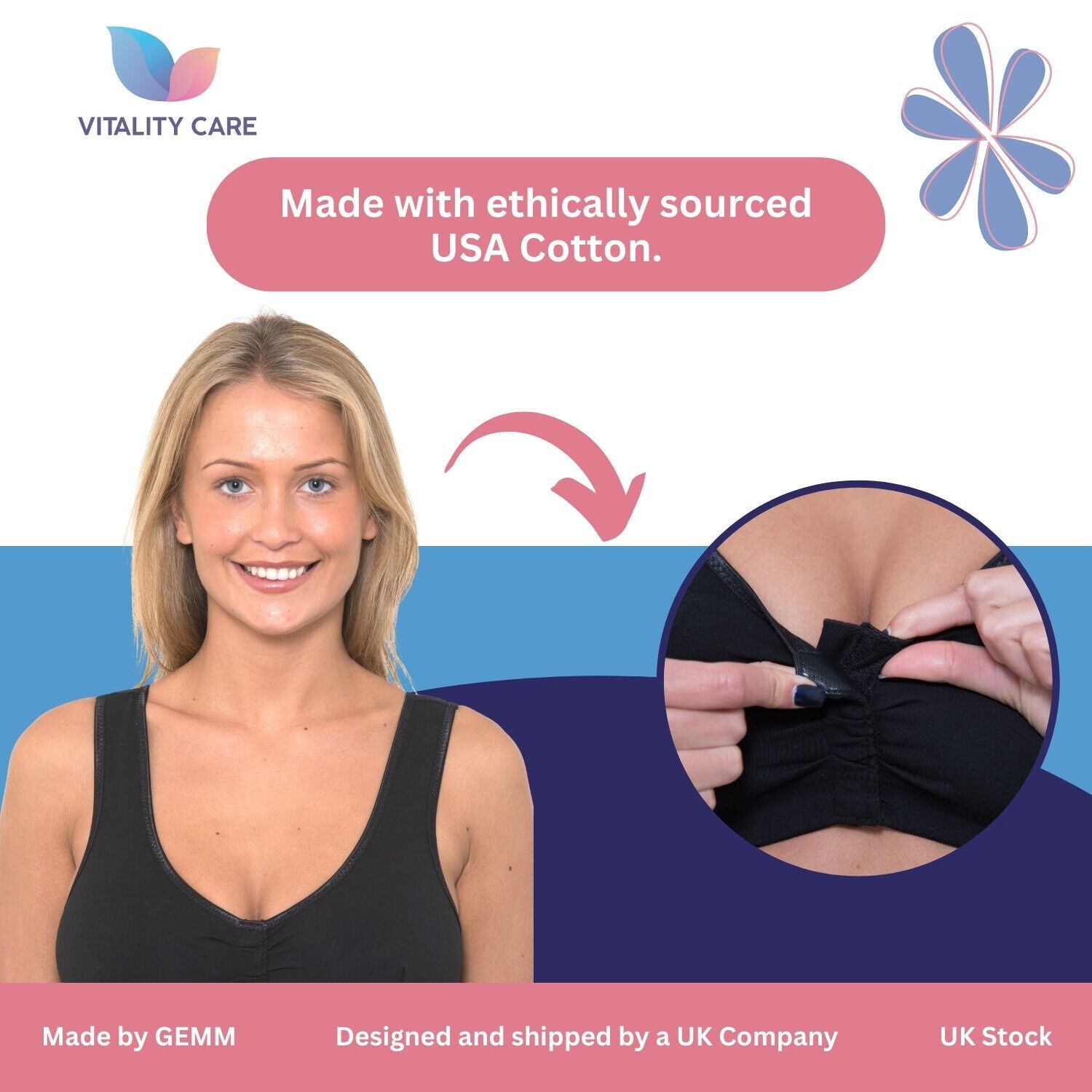 Ladies Front Fastening Bra Self Fastener Non Wired Plus Size Cotton VitalityCare