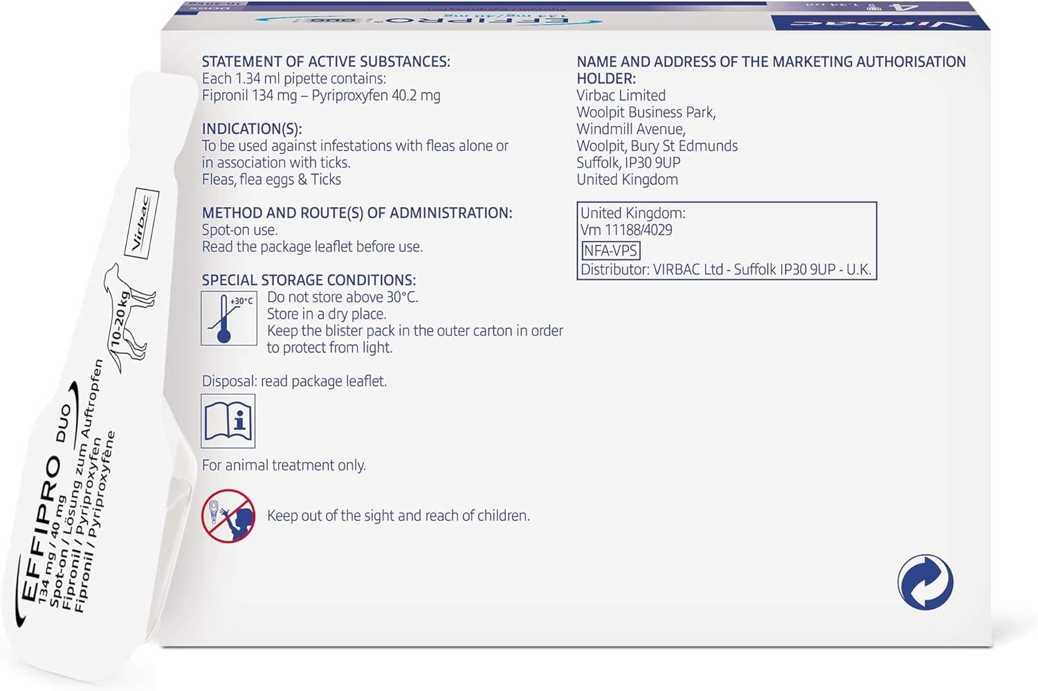 Effipro Duo Spot on Solutions For Cat S M L XL Dog 4 Pipettes per Pack
