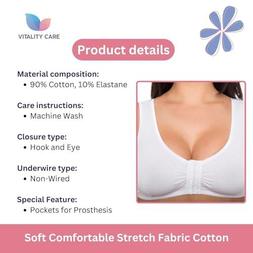 Vitality Care Mastectomy Bra Front Fastening Bra with Pockets Cotton Rich Wirefree Post Surgery Non Wired Soft Stretch for Ladies Women Regular to Plus Sizes Easy Open Comfort