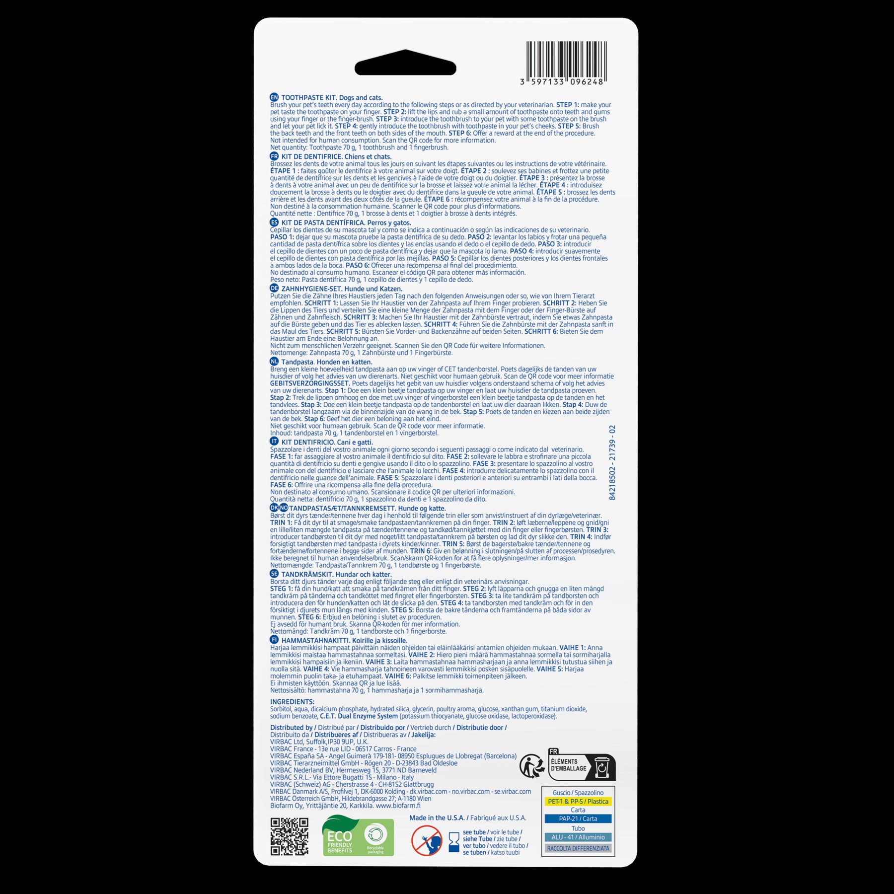 Virbac Dog Cat Toothpaste Kit Dental Toothbrush Finger Brush Poultry Flavour 70g Fish Flavour 43g