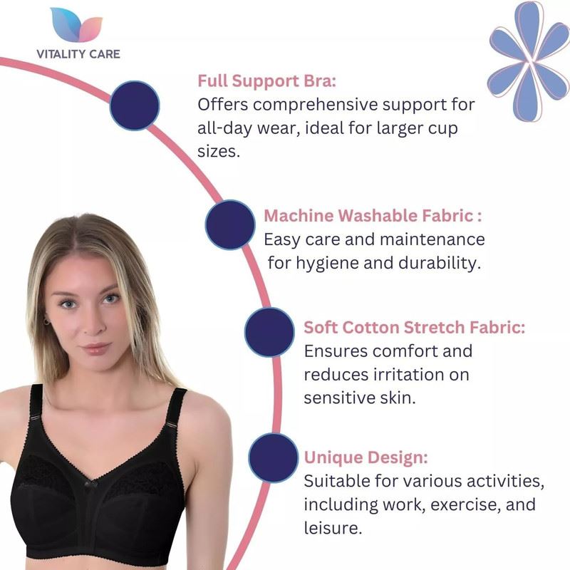 Ladies Full Cup Bra Non Wire Full Firm Support Lace Trim Plus Size Vitality Care