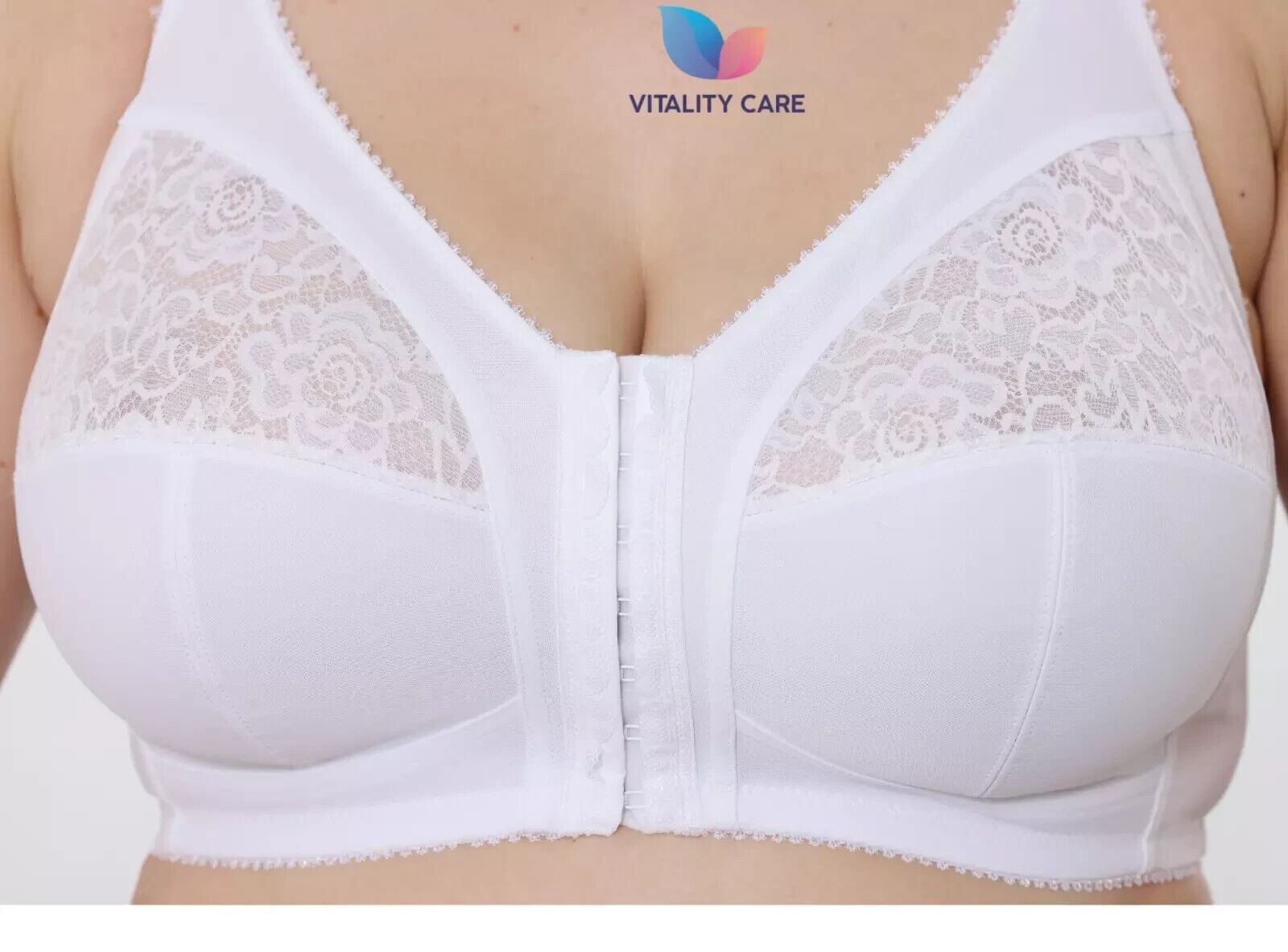 Ladies Front Fastening Firm Support Non Wired Lace Trim Bra Plus Size Uk Cups